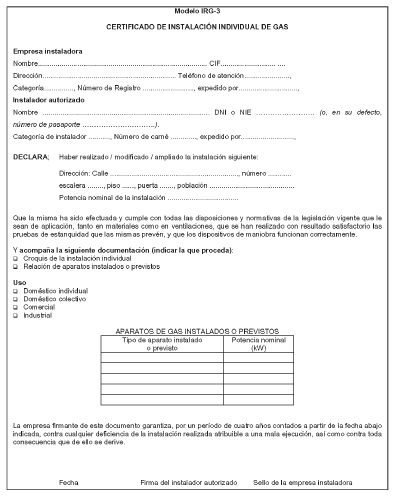 Impreso instalaci�n de gas