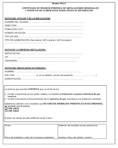 Impreso Revisi�n obligatoria de instalaci�n de gas